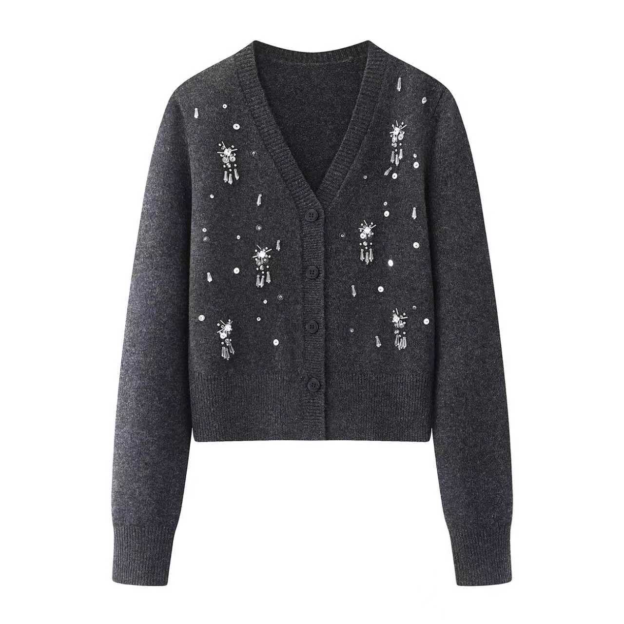 【艾家】设计感针织衫开衫女2026春季新款V领亮片短款上衣外套7105