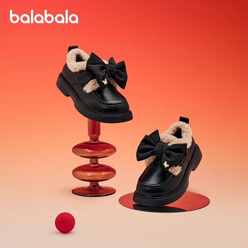 巴拉巴拉童鞋儿童靴子公主小皮鞋加绒女童2025新冬季新年软底鞋子