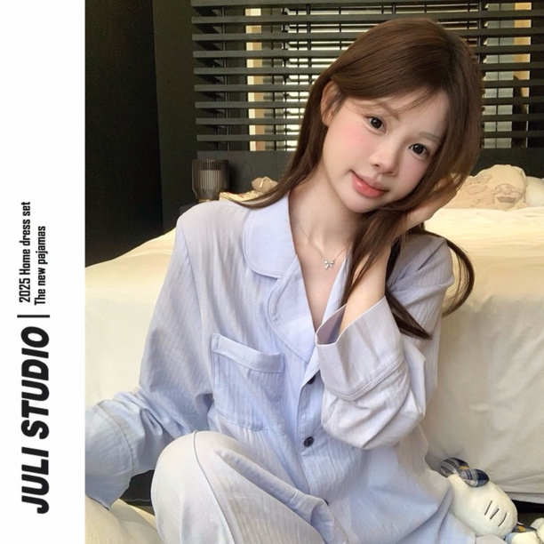 JULI<蓝色恋曲> 韩国简约翻领舒适慵懒纯棉家居服睡衣休闲套装女 
