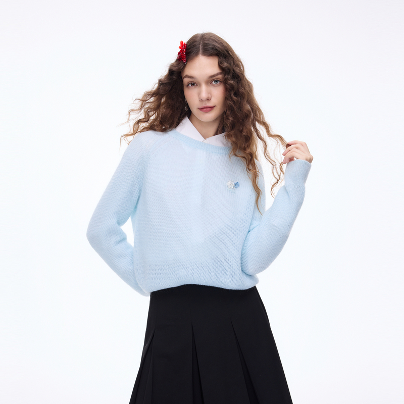 莱茵朗姿优雅肌理感钉珠羊毛针织套头衫天空之光蓝LDHA1AKPR902