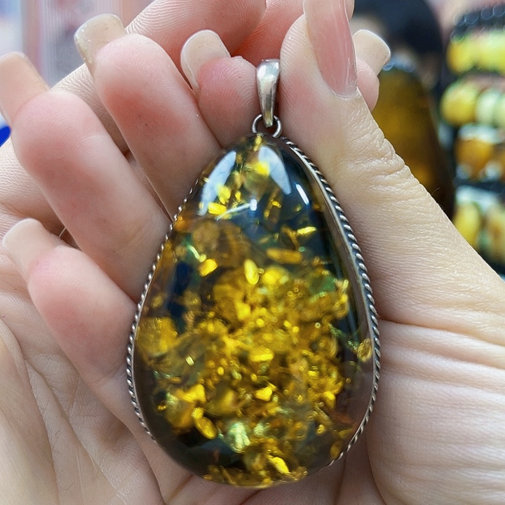 蜜蜡银S925镶嵌裸石吊坠