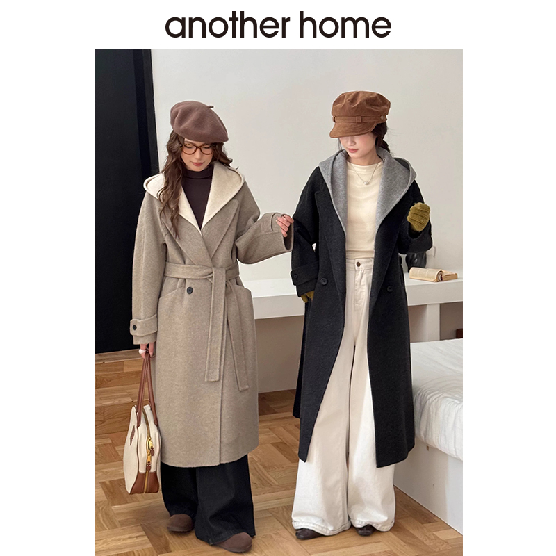 anotherhome女毛呢外套冬季女士系带大衣中长款冬季宽松