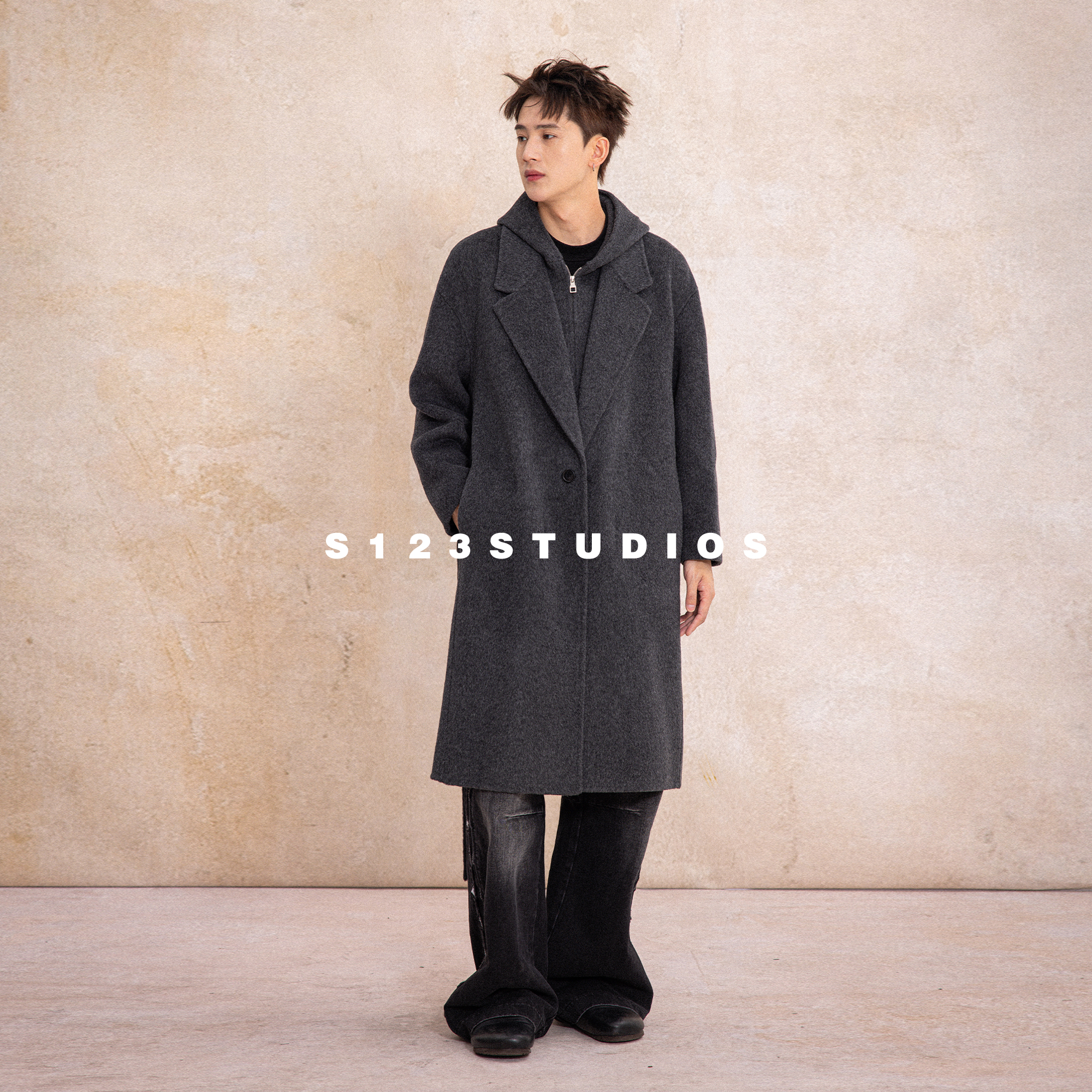 S123高定系列 双面羊毛大衣 100%羊毛假两件休闲纯色长款连帽男潮