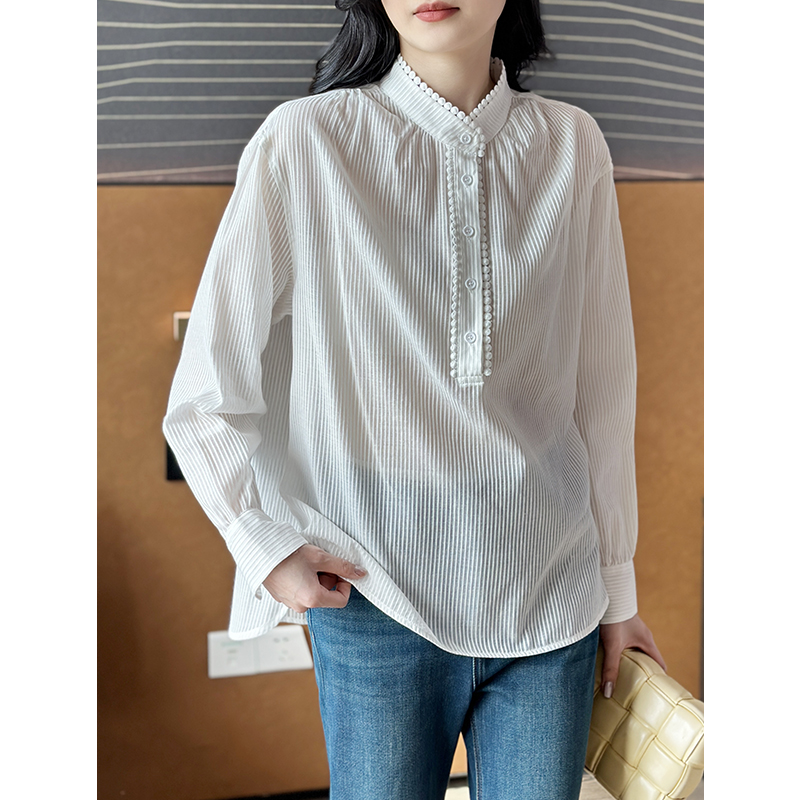 左左家 温柔法式~立体花边领条纹真丝棉衬衫女长袖宽松桑蚕丝上衣
