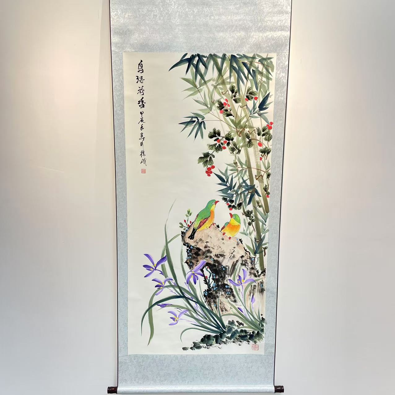 手绘《鸟语花香》纯手工装裱高170cm宽70cm