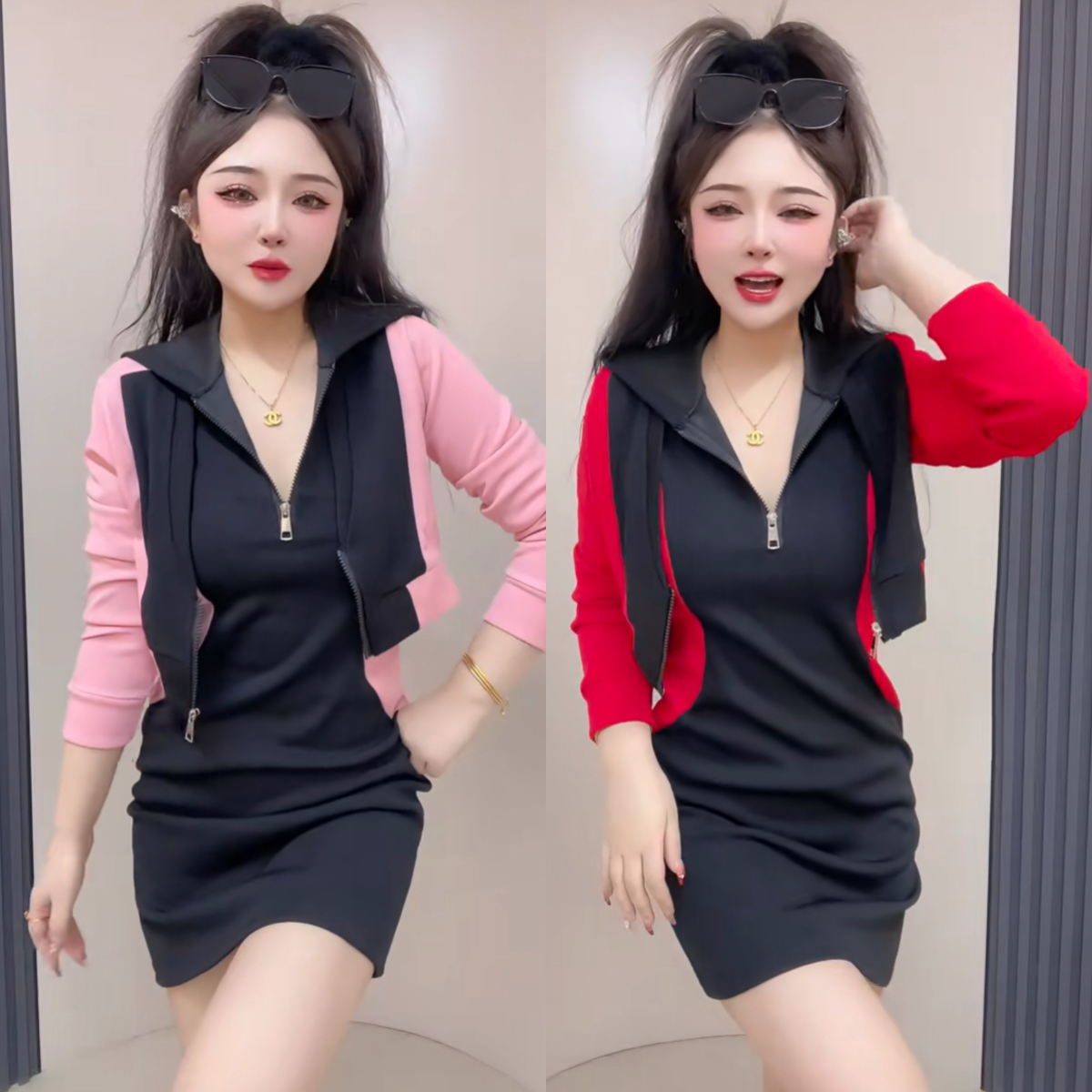 时尚连帽拉链连衣裙春秋多场合穿着