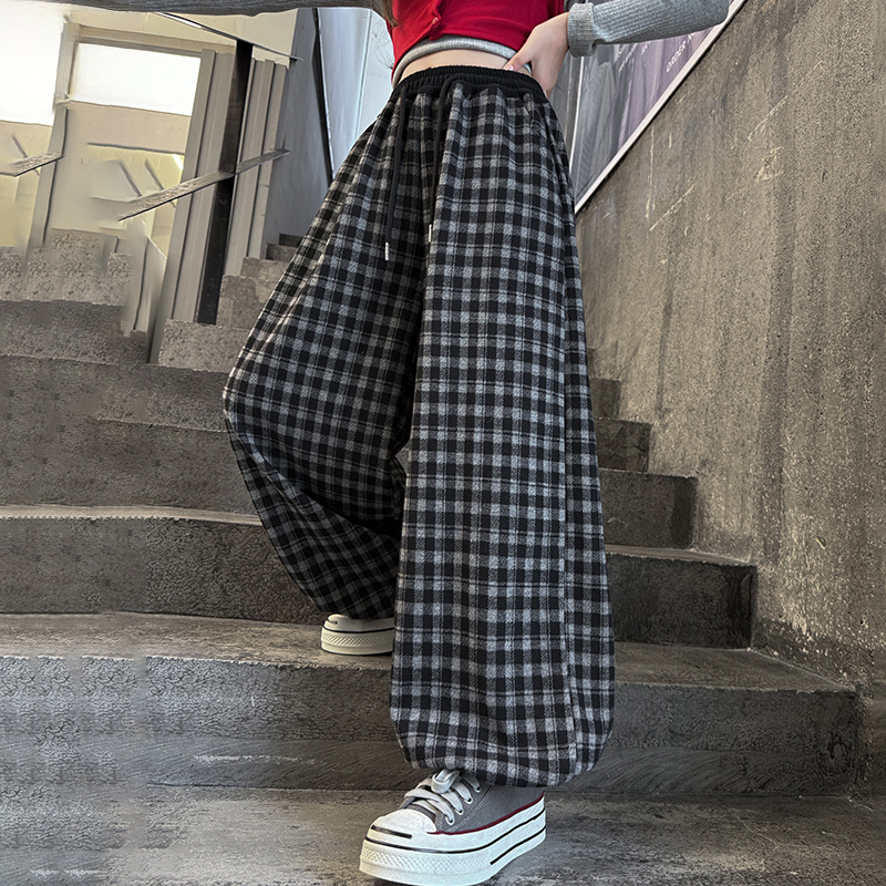 女童休闲格子裤春秋款2025新款女孩洋气时髦阔腿裤大童休闲直筒裤
