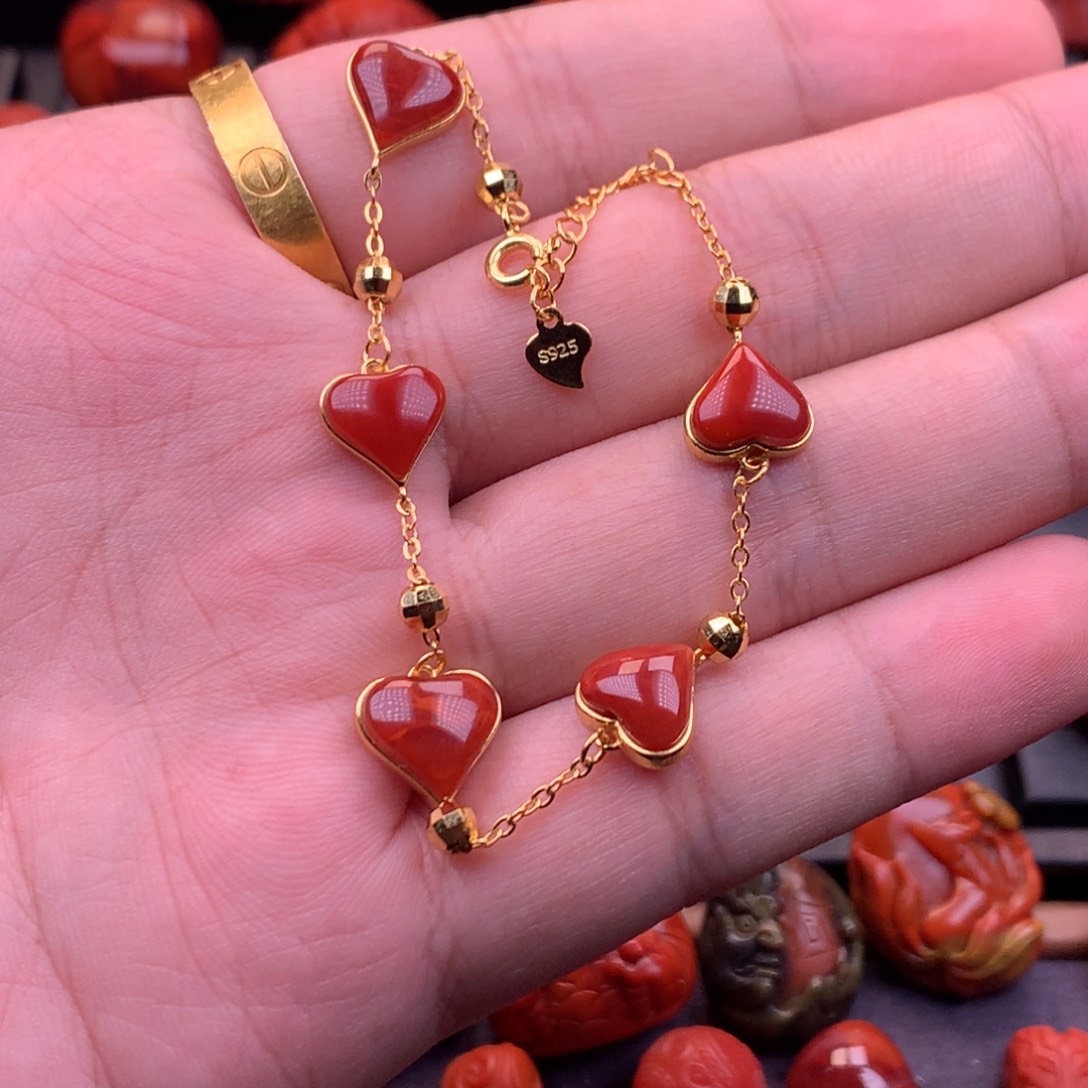 南红玛瑙银S925镶嵌南红川料原矿爱心手串单圈