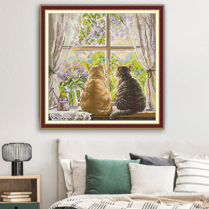 2025新款十字绣线绣窗台上的猫咪刺绣材料包客厅卧室动物挂画