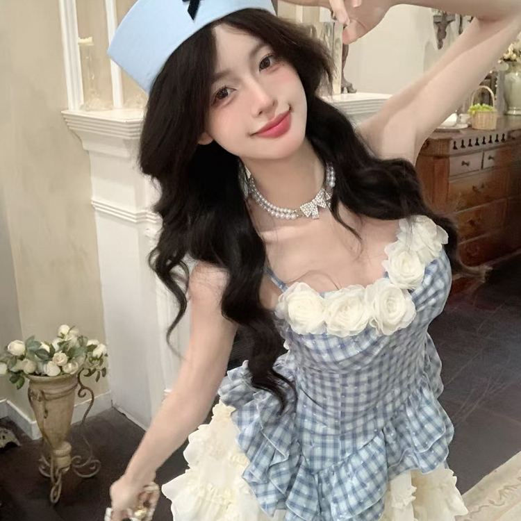 桔梗house 蝶梦蔷薇【现货】甜美不规则蓝色格纹花朵吊带蕾丝半裙