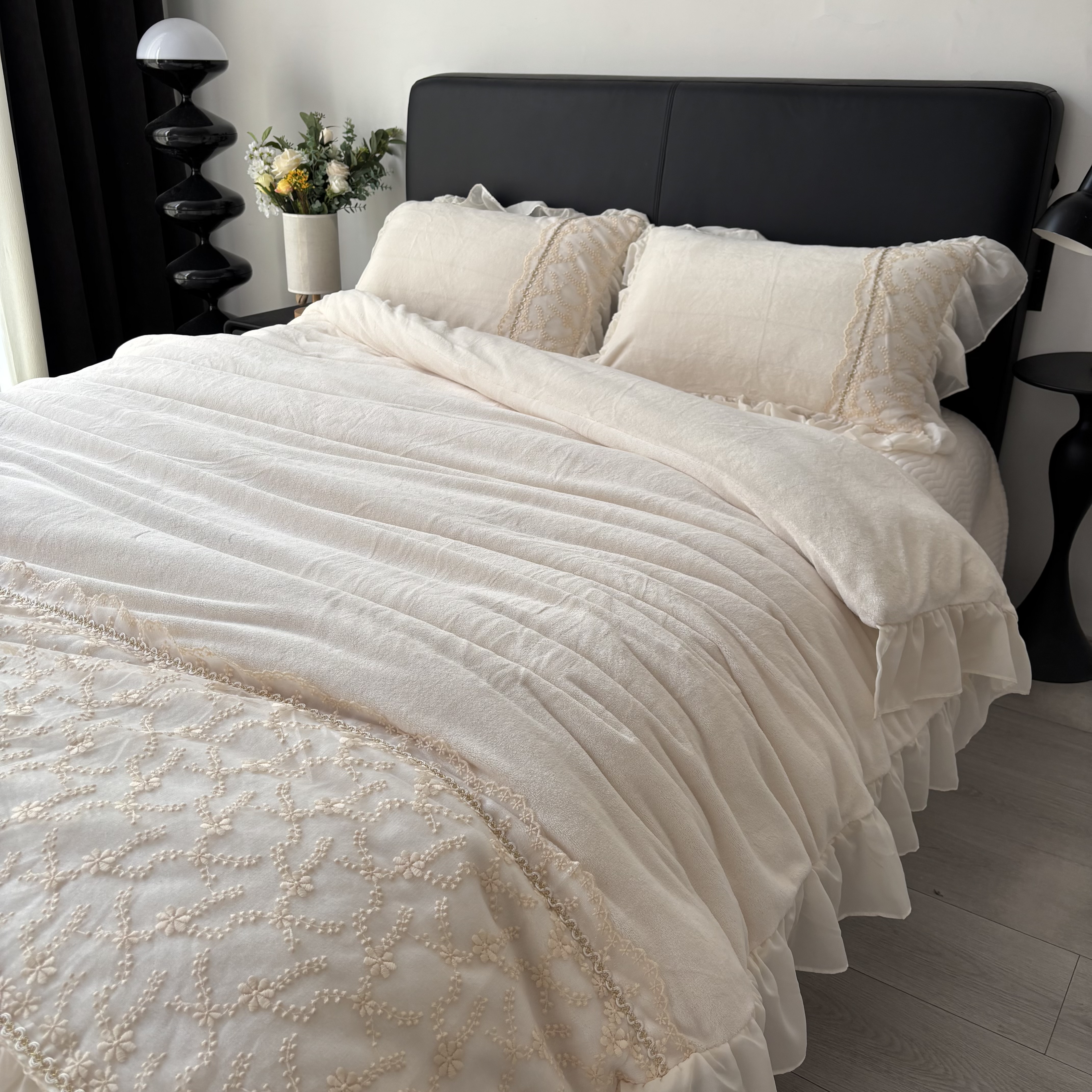 公主风冬季加厚牛奶绒四件套蕾丝花边夹棉双面加绒床盖撸猫感被套