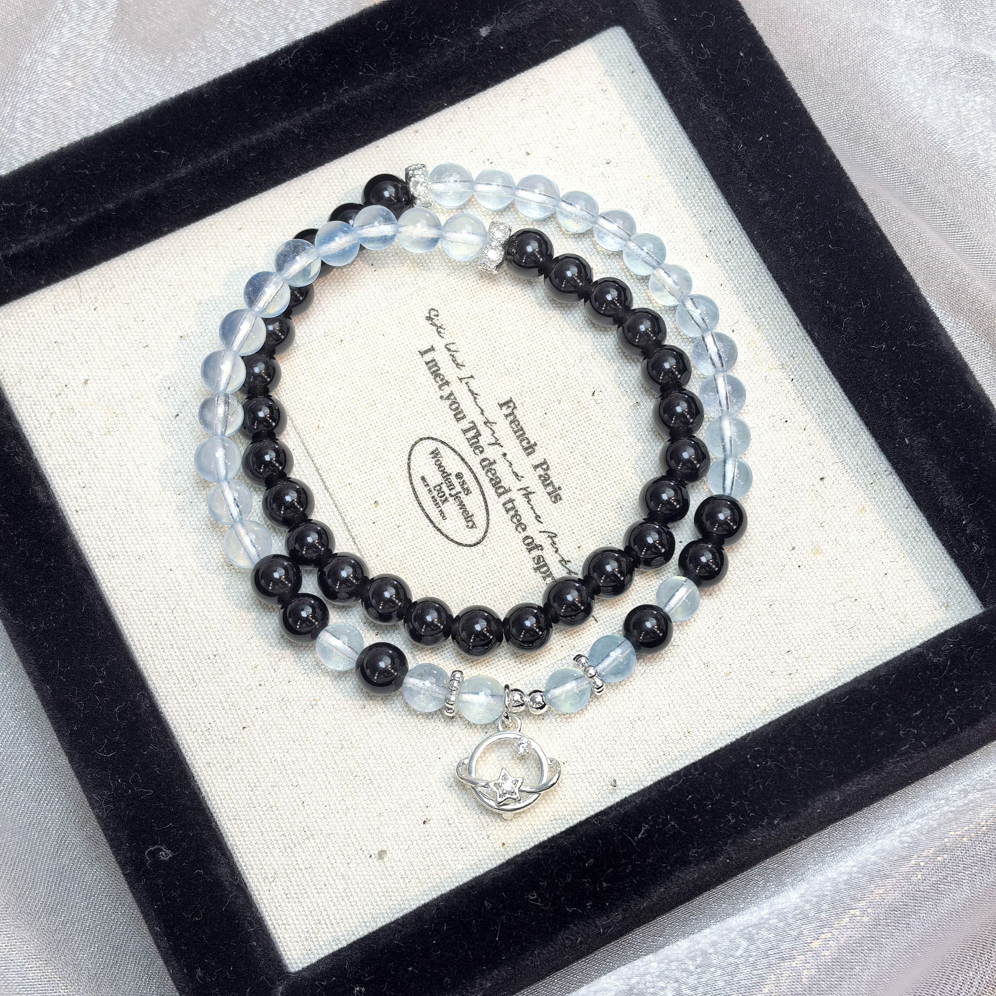 天然 卡5-6 海蓝宝 黑曜 双圈 原创手串