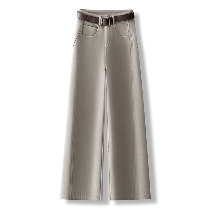 奶茶色加绒直筒阔腿裤2025冬季新款高腰显瘦垂感宽松窄版牛仔裤子