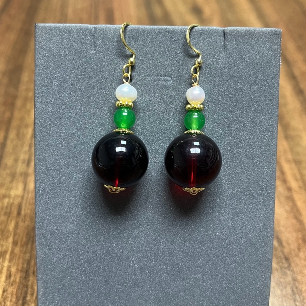 铜合金树脂耳饰 304国风简约时尚酒红大圆珠设计耳饰