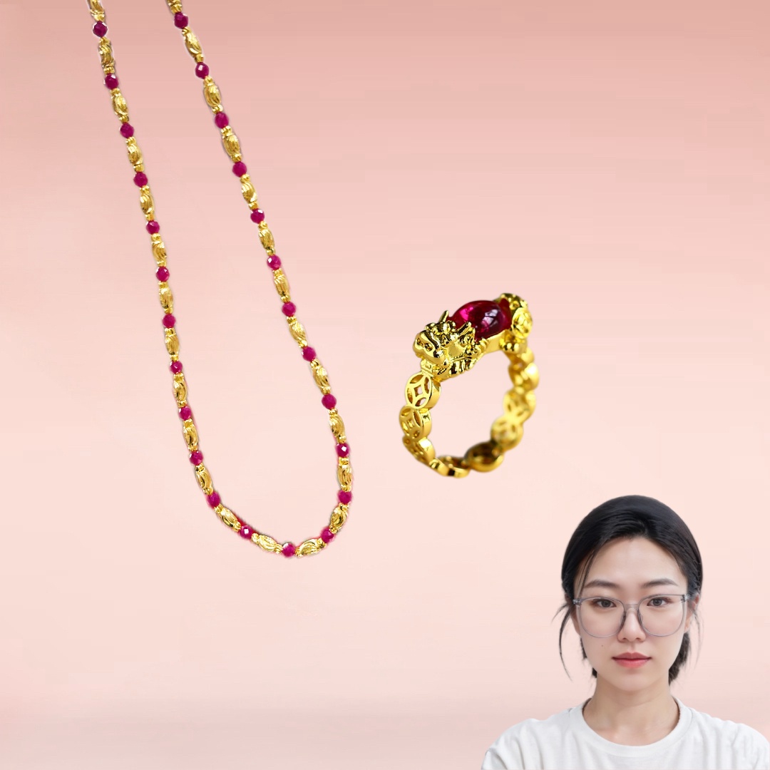 【梁总专属】时尚精美轻奢培育红宝石合金项链+貔貅戒指【CM14260】
