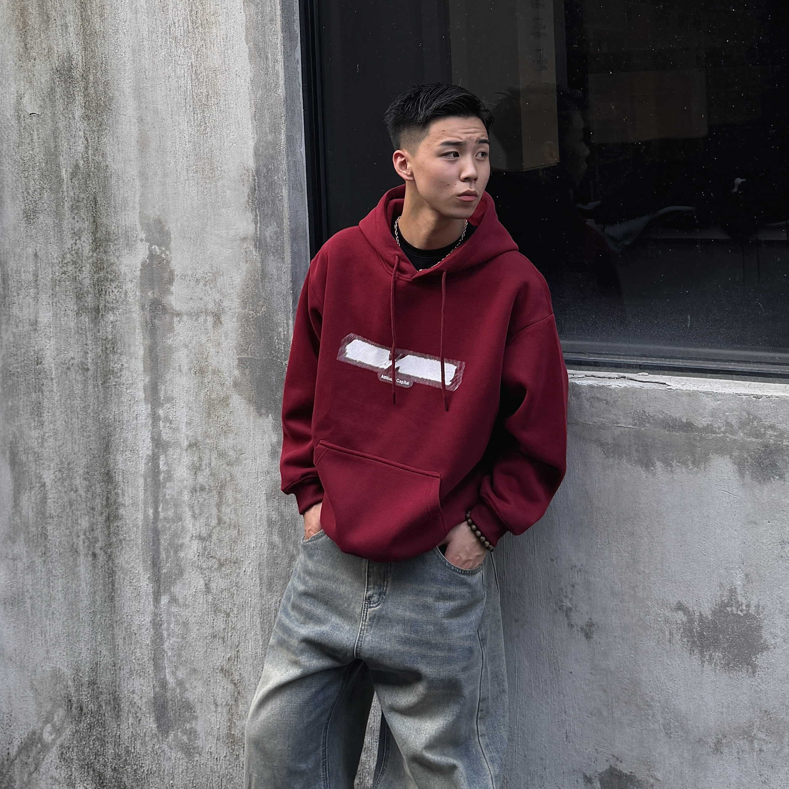 【BH】studio美式街头风胶条印花连帽卫衣男oversize秋冬重磅上衣