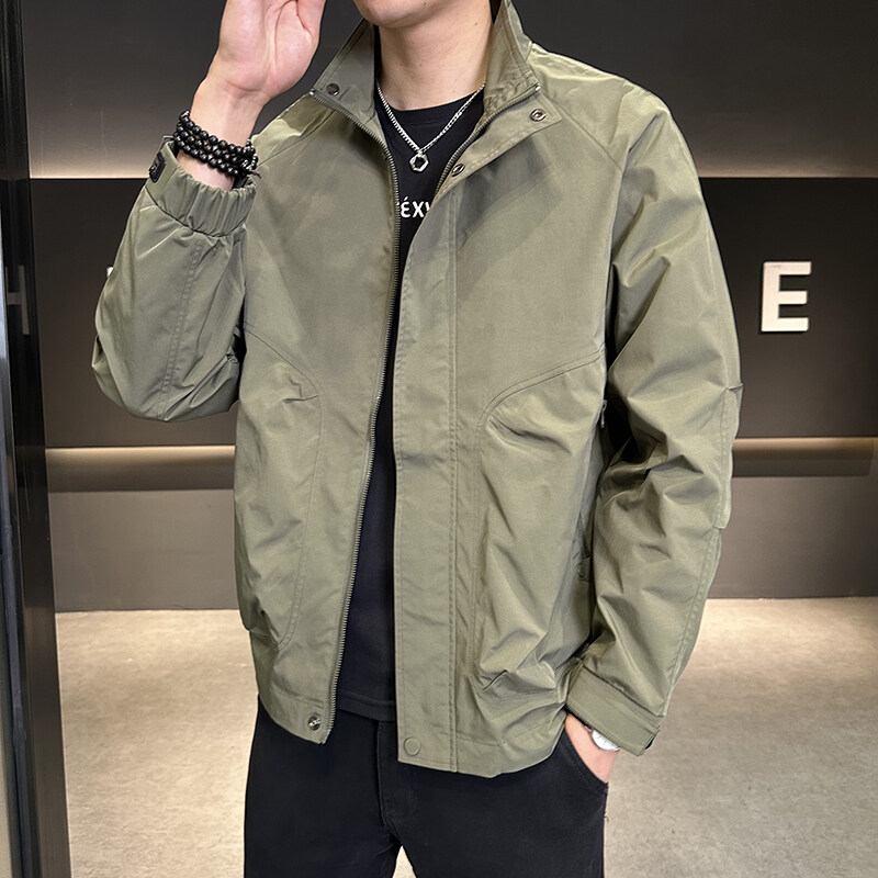 春季新品立领高级感夹克男士美式复古百搭痞帅工装外套宽松上衣服