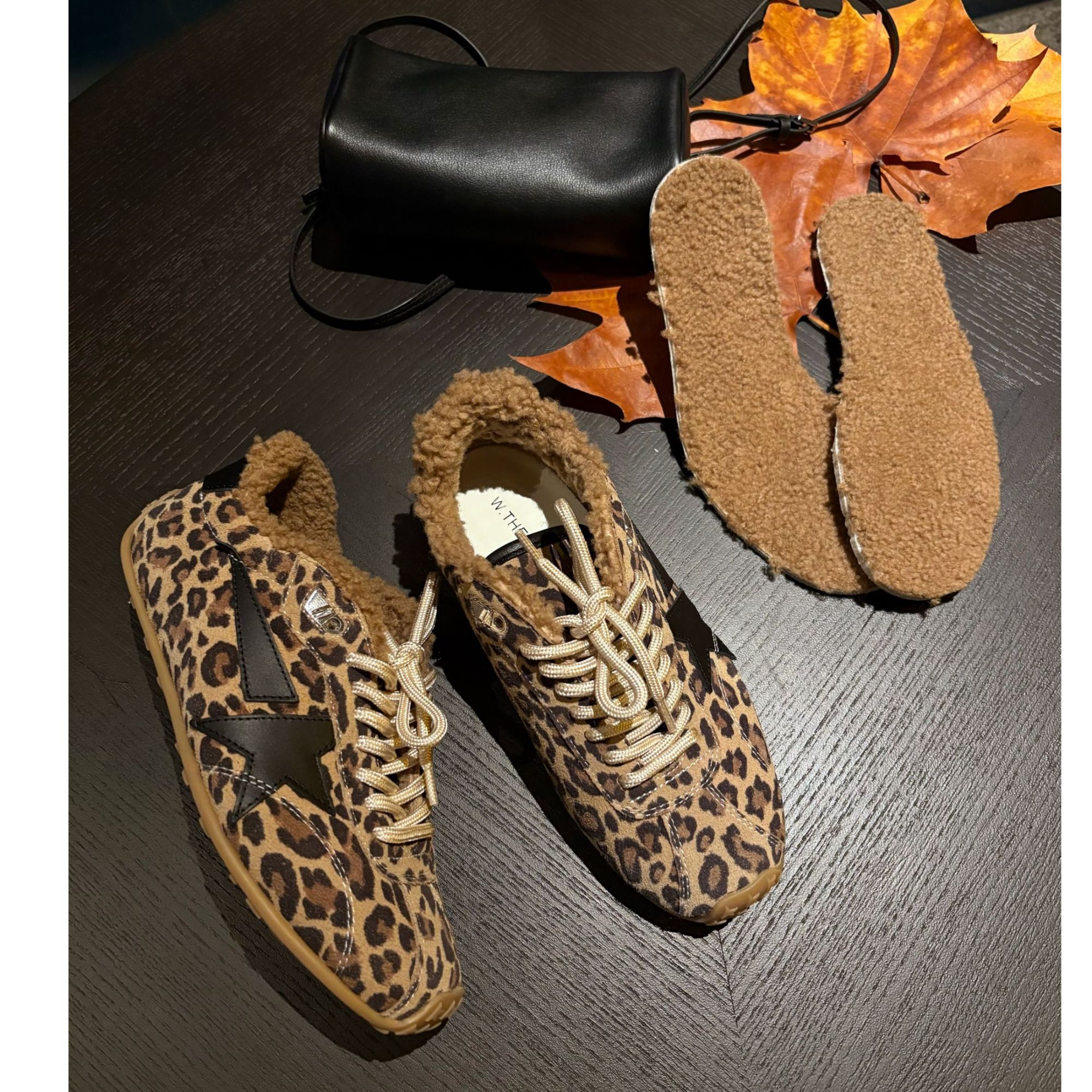 莹莹家/W.THE.ONE欧货女鞋时尚百搭羊羔毛加绒豹纹德训鞋休闲板鞋