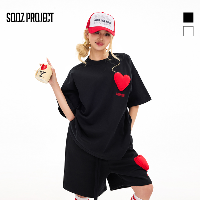 SQQZ PROJECT春夏新款300G立体塞棉爱心圆领宽松短袖T恤情侣款
