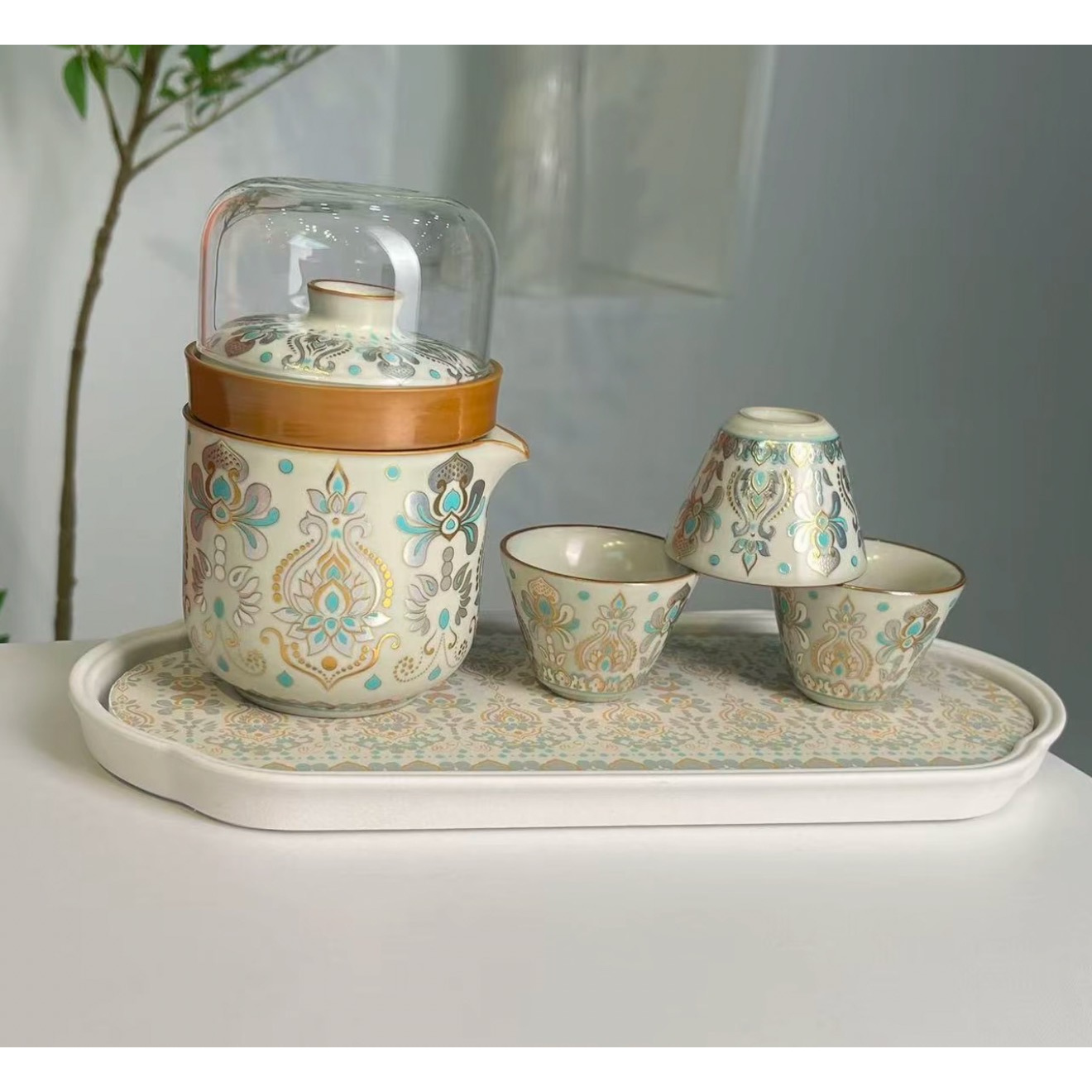 金银莲花风格旅行茶具+茶盘@zhz938