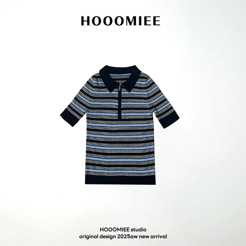 Hooomiee条纹天丝坠感显瘦神器休闲女士短袖T恤YS25048