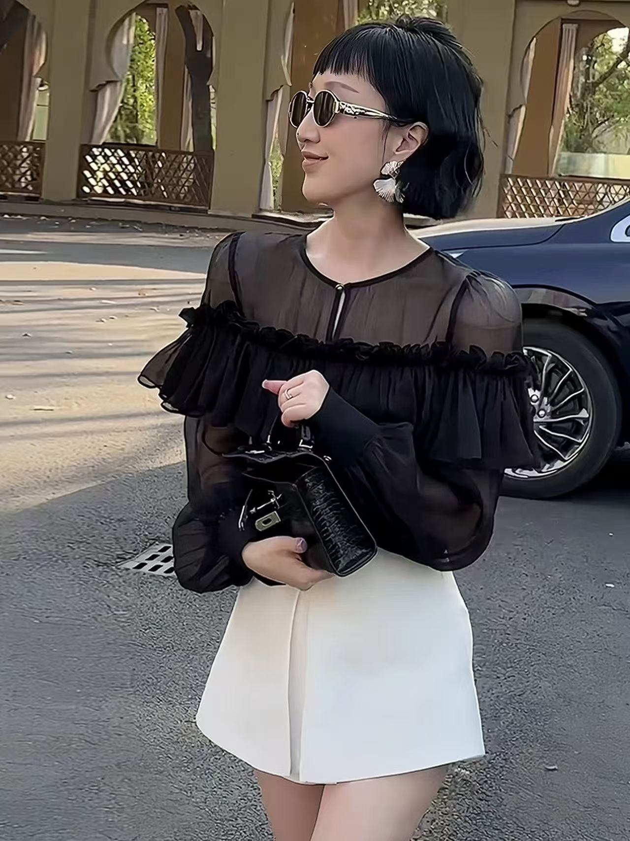 琬晴家*法式秋季新款时尚百搭显瘦长袖上衣高级感韩版网纱荷叶边