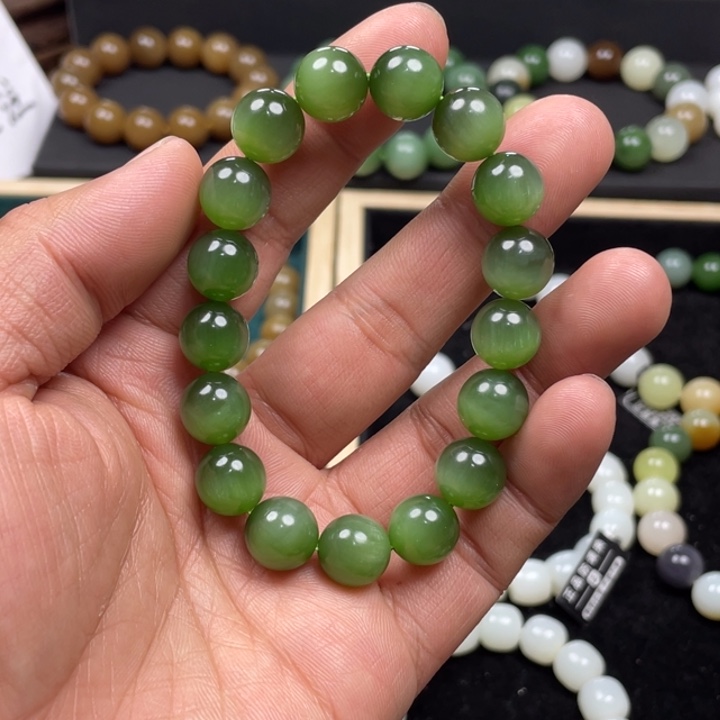 和田玉手串未镶嵌华碧玉猫眼卡11➕圆珠