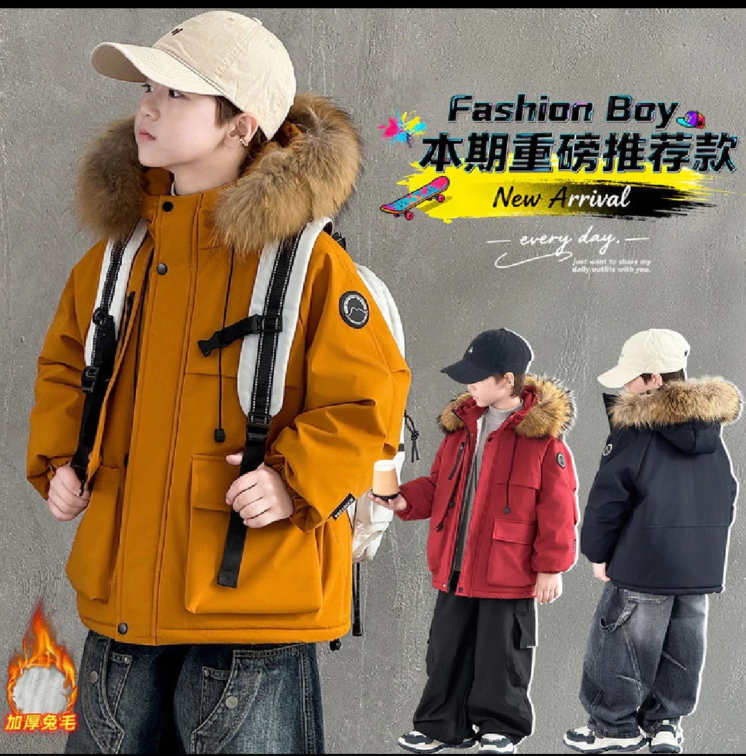 男童加绒外套秋冬款2025新款夹棉加厚宽松风衣中大童冬装棉服潮