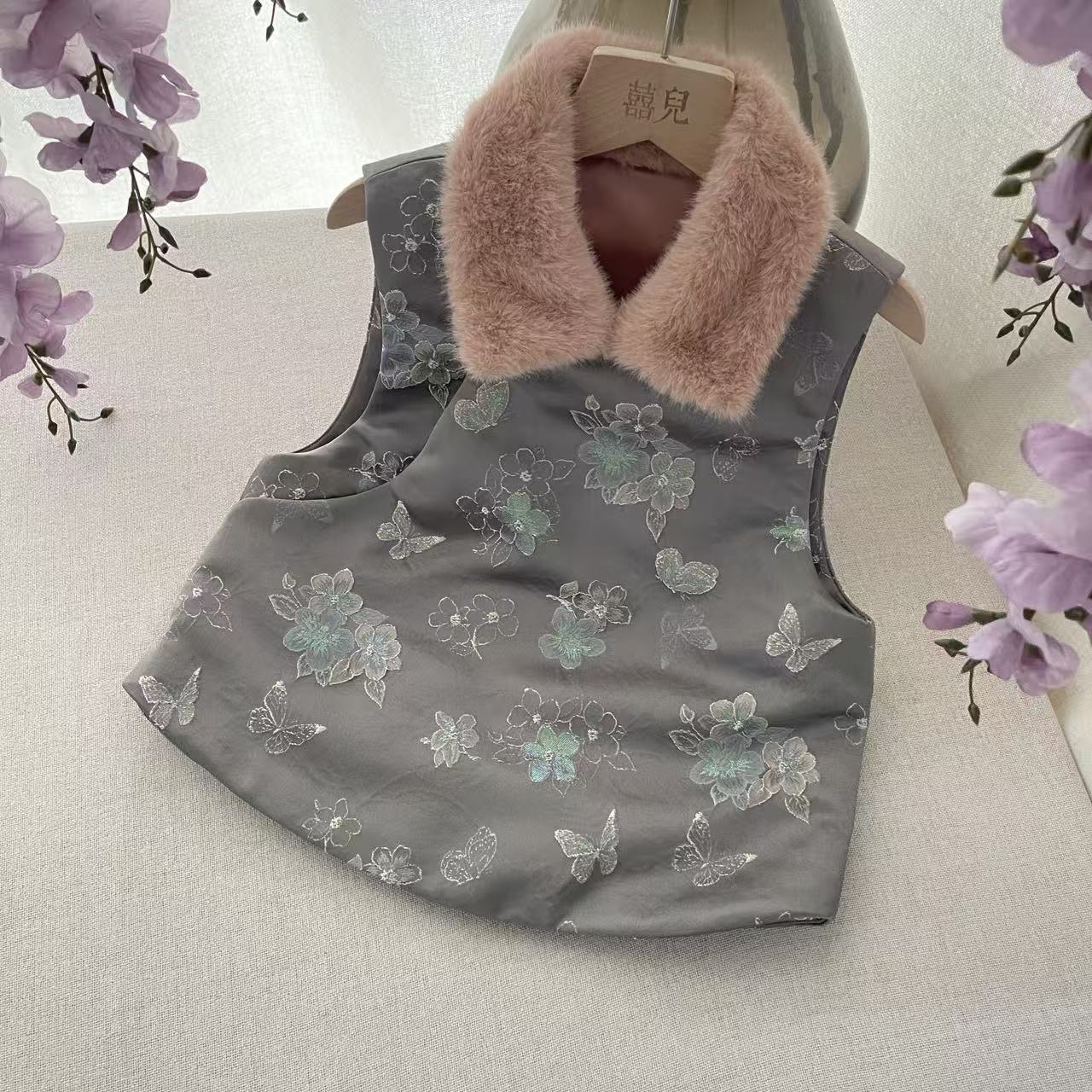 【喜儿定制】冬季新款时尚百搭撞色提花夹棉马甲汉服中大童