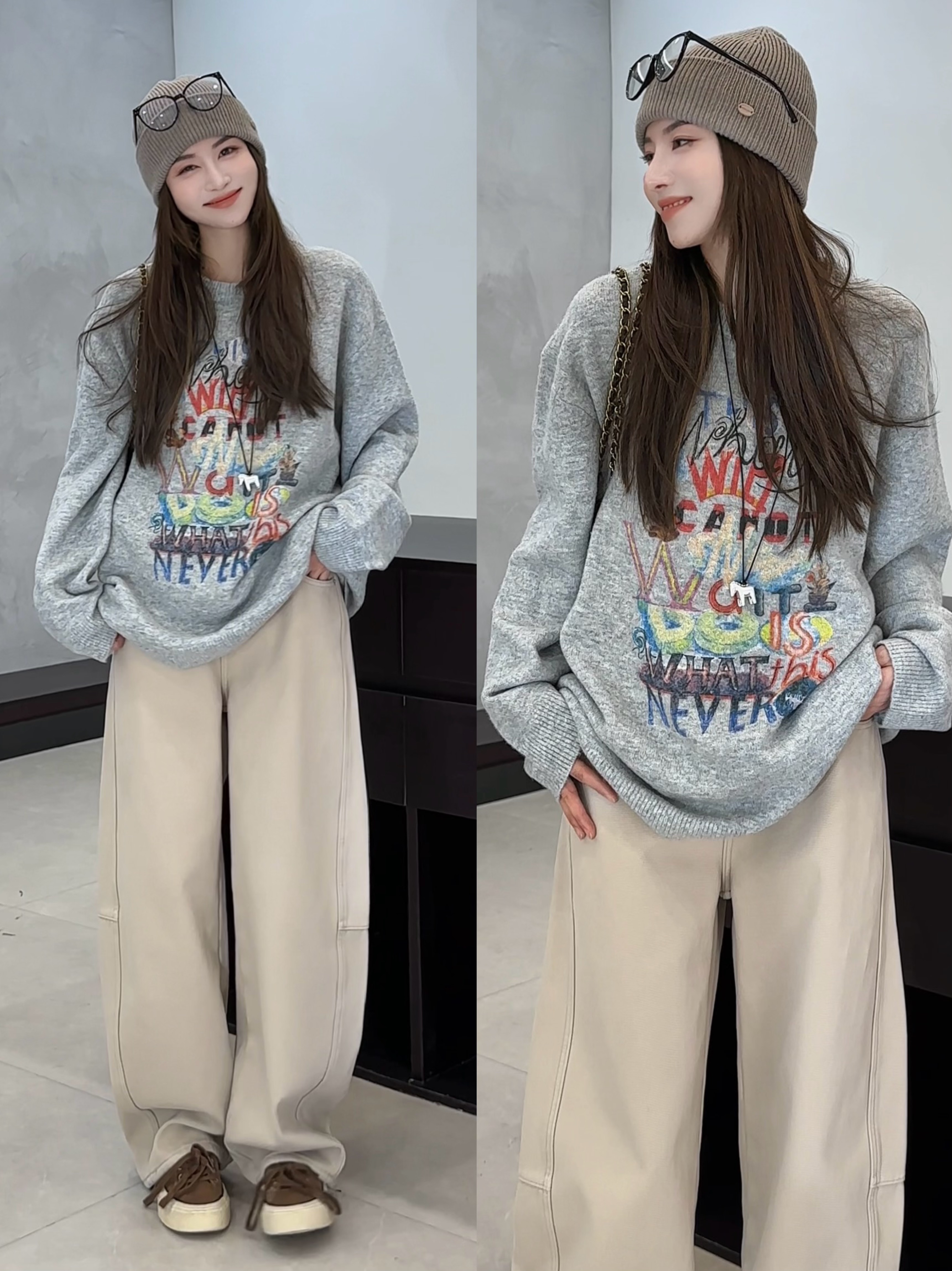 月月 2025冬季新款小众设计彩绘字母糯米绒长袖针织衫 2511C8267