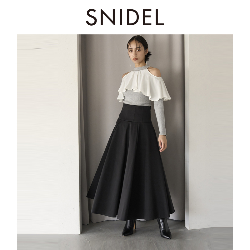 SNIDEL新品优雅淑女圆领露肩荷叶边针织衫上衣SWNT245087