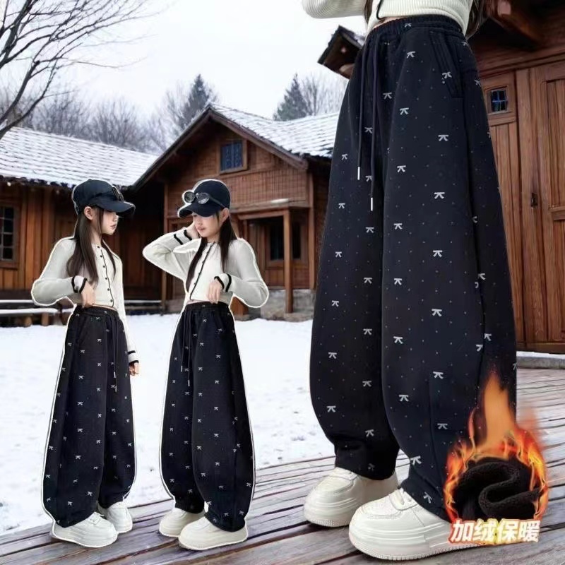 秋冬针织保暖印花休闲裤外穿新款中大童裤高腰厚款打底裤阔腿裤子