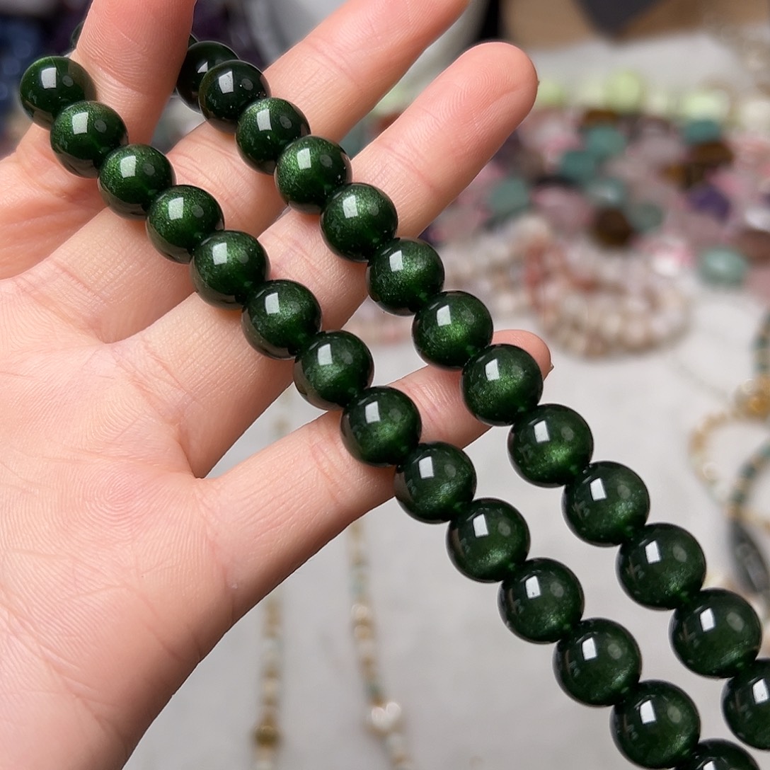 玛瑙/玉髓合金珠宝半成品Y787。10mm绿猫眼圆珠一条