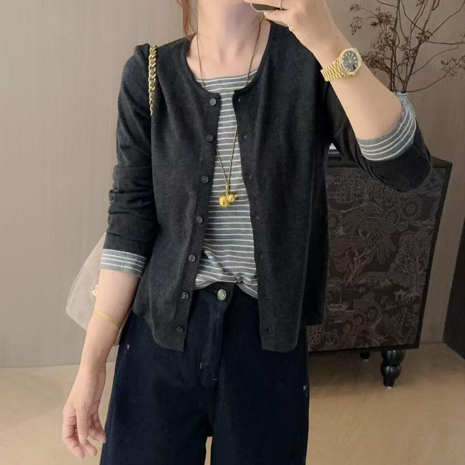 大码胖mm早秋冬拼接条纹假两件针织衫女2025新款显瘦气质开衫上衣