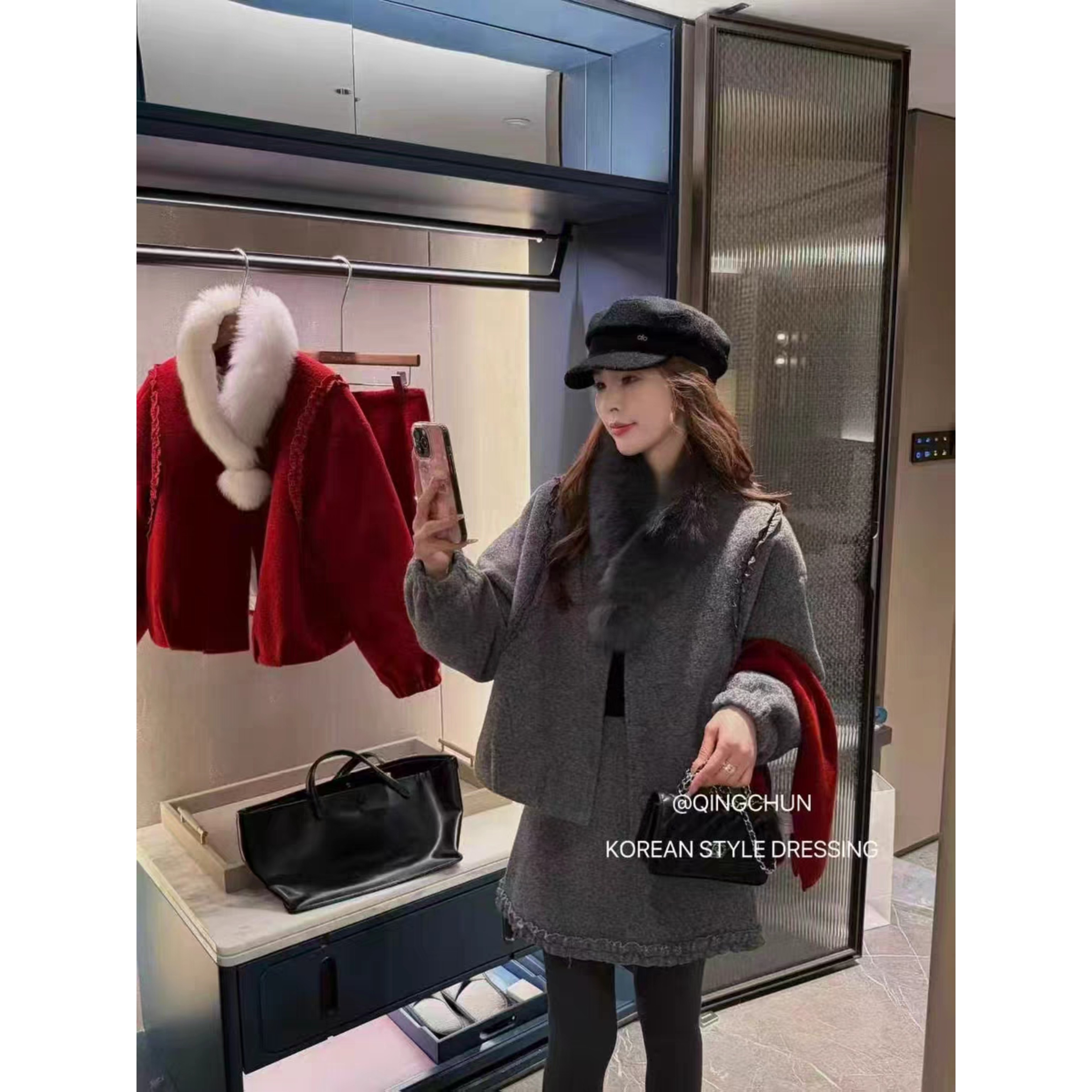 韩版小香风套装女2025冬季新款毛领外套半身裙休闲两件套