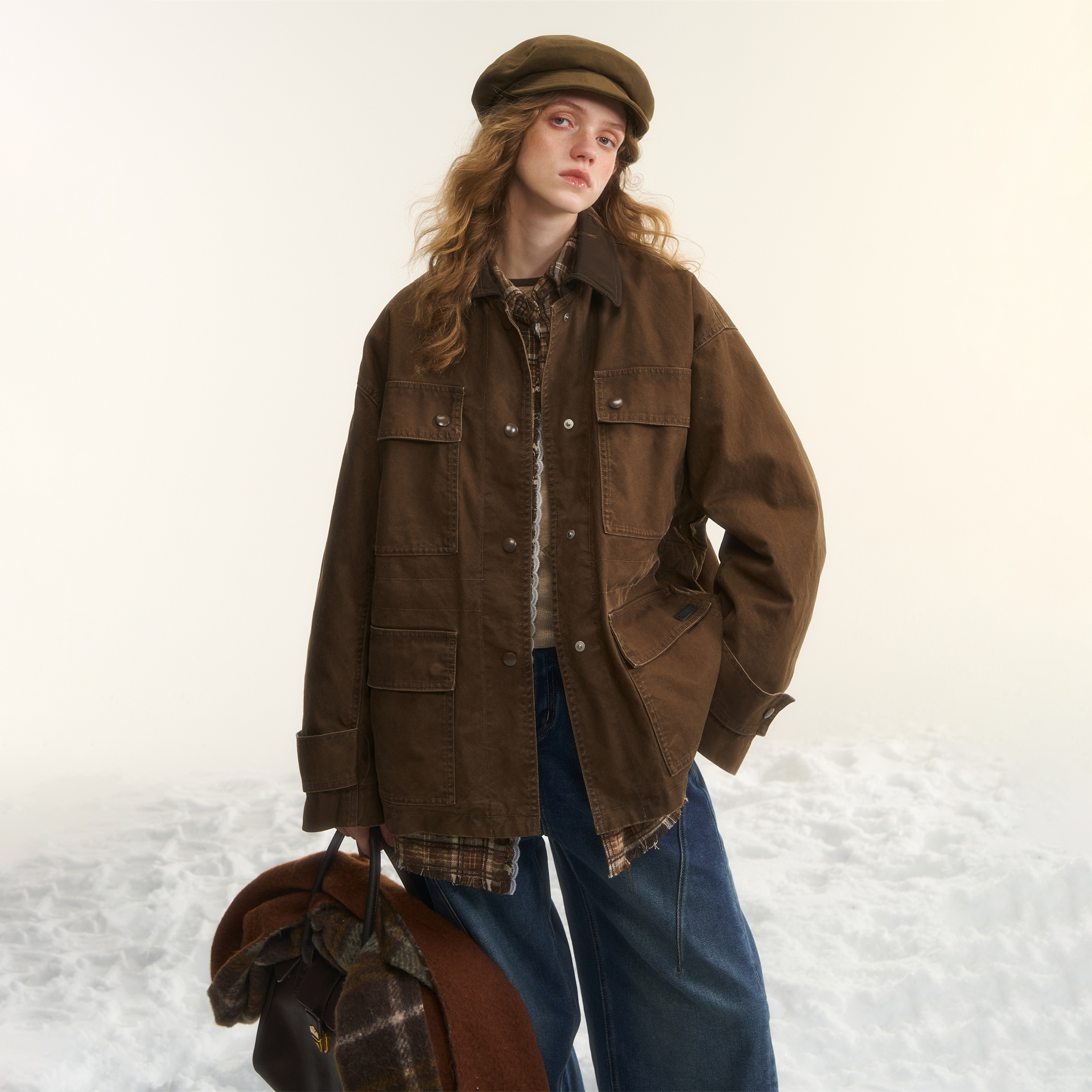 AsGony 90白鸭绒巴恩工装风羽绒多口袋外套