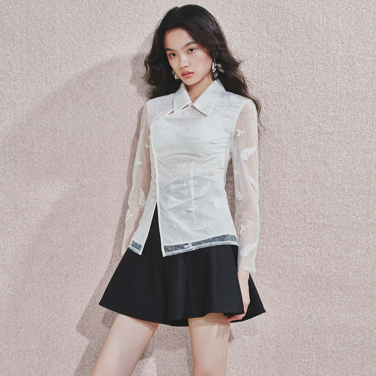 MAXRIENY贵雅新中式套头蕾丝衫长袖复古国风盘扣上衣