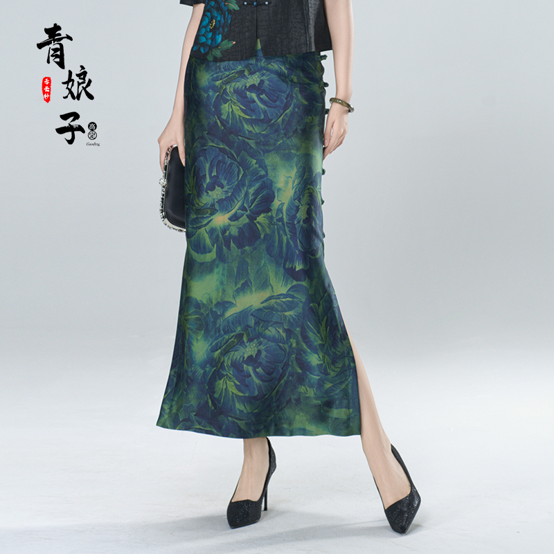 青娘子-【烁霞】重缎印花中式国风修身时尚百搭气质包臀半身裙50603