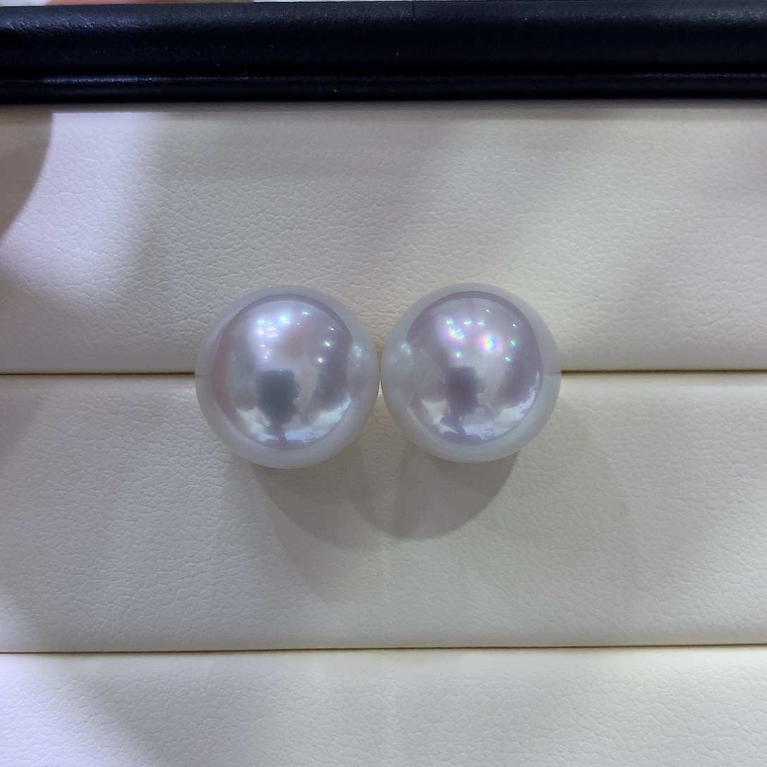 海水珍珠耳饰18K金镶嵌13/14mm澳白
