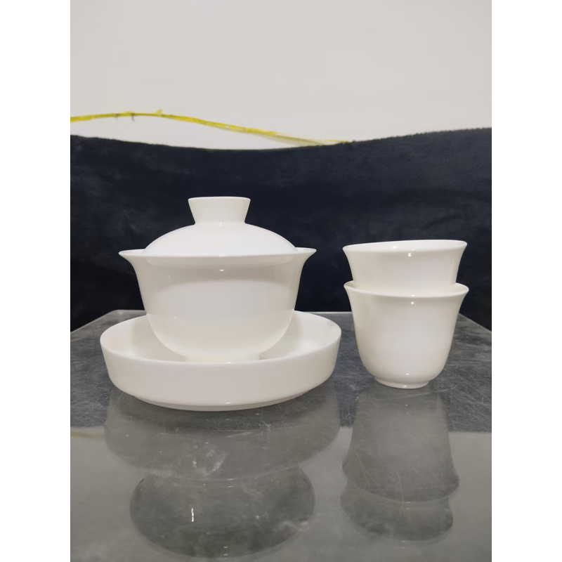 羊脂玉瓷纯白三才盖碗大底碟悬停旋转大容量家用泡茶碗0745