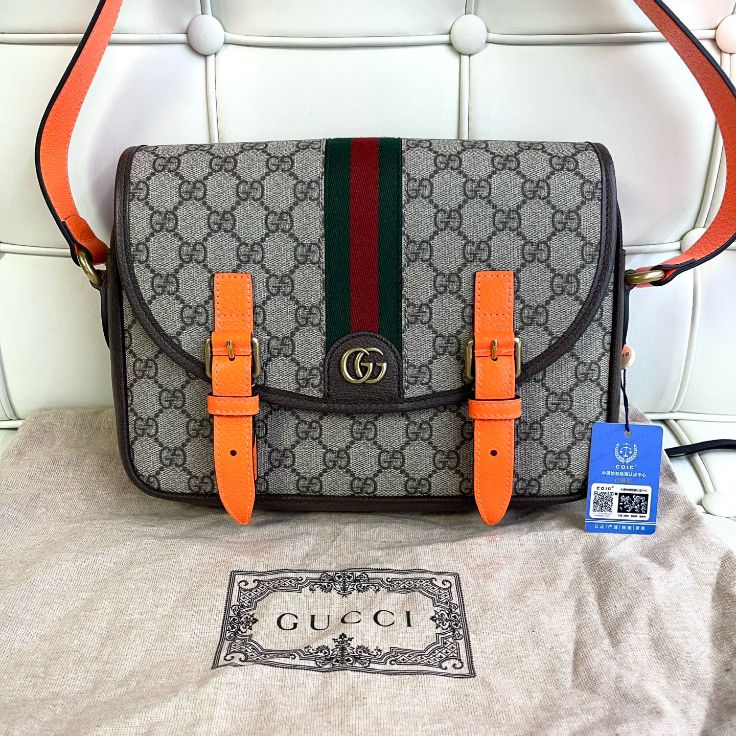 95新 GUCCI/古驰 119466 古驰老花橘色肩带邮差包斜挎包