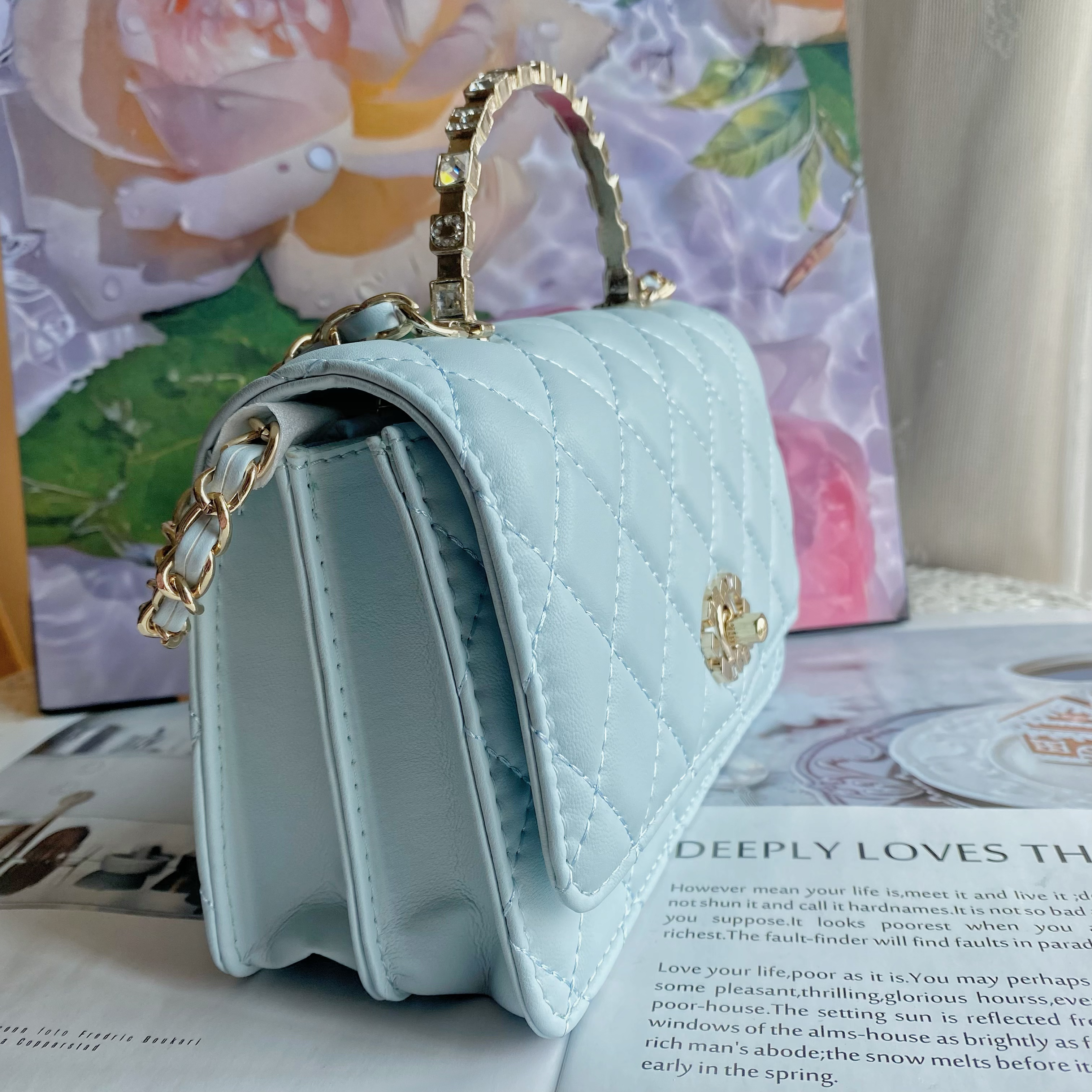 24p水晶手柄风琴包女包新款手提包单肩包菱格洋气时尚百搭小香风