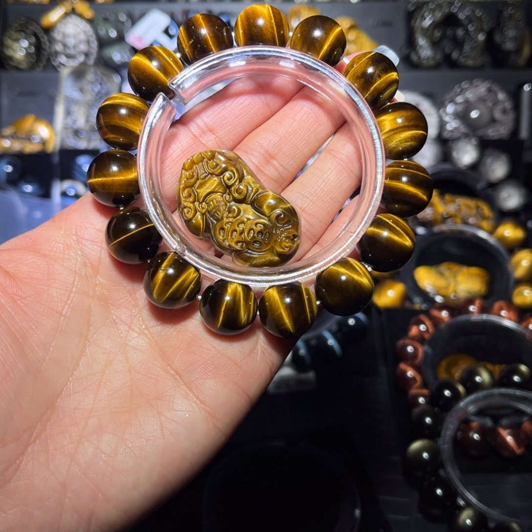 未镶嵌黑曜岩手链鸿*高货黄虎眼14m➕貔貅