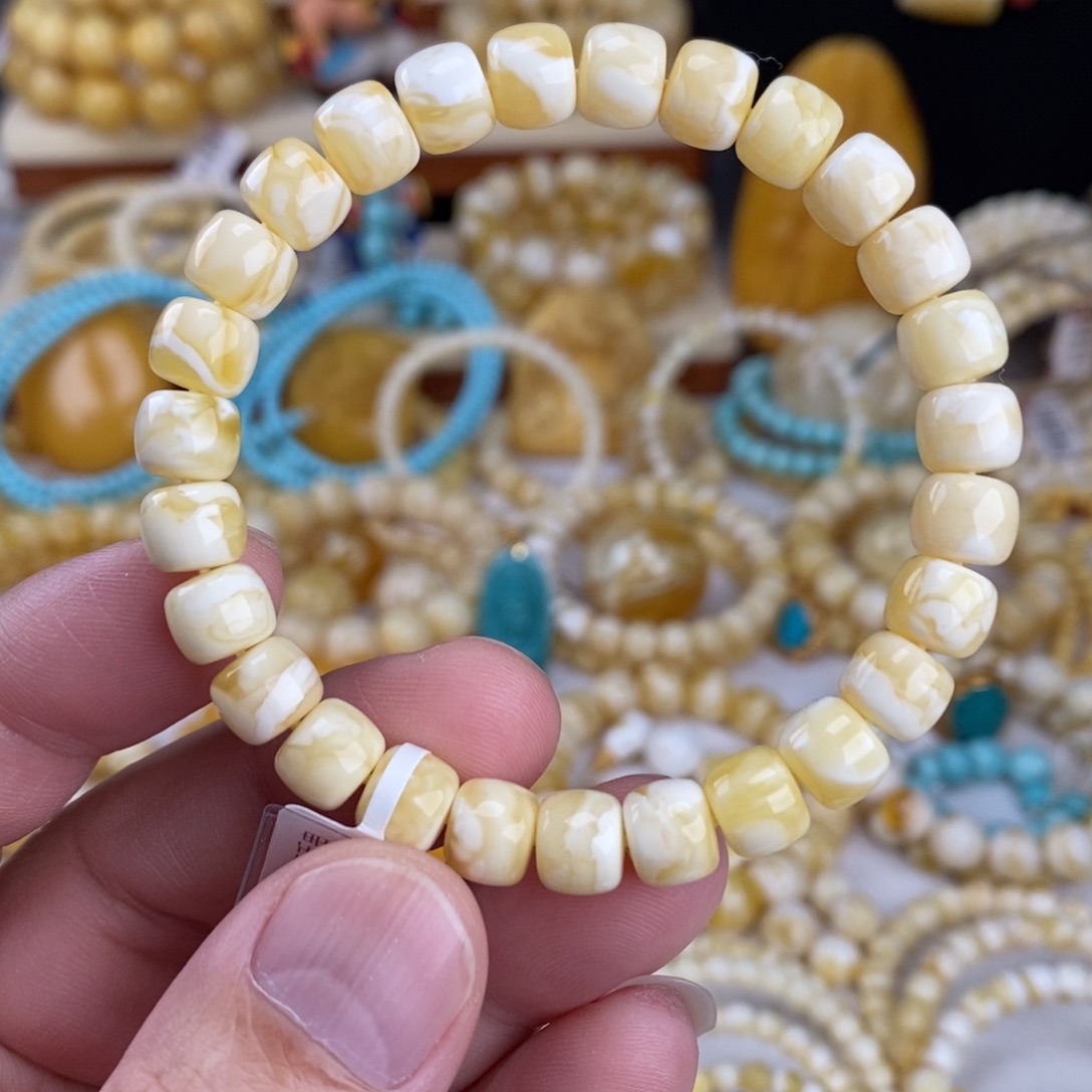 蜜蜡未镶嵌手链瓷白细纹虎皮8.5mm