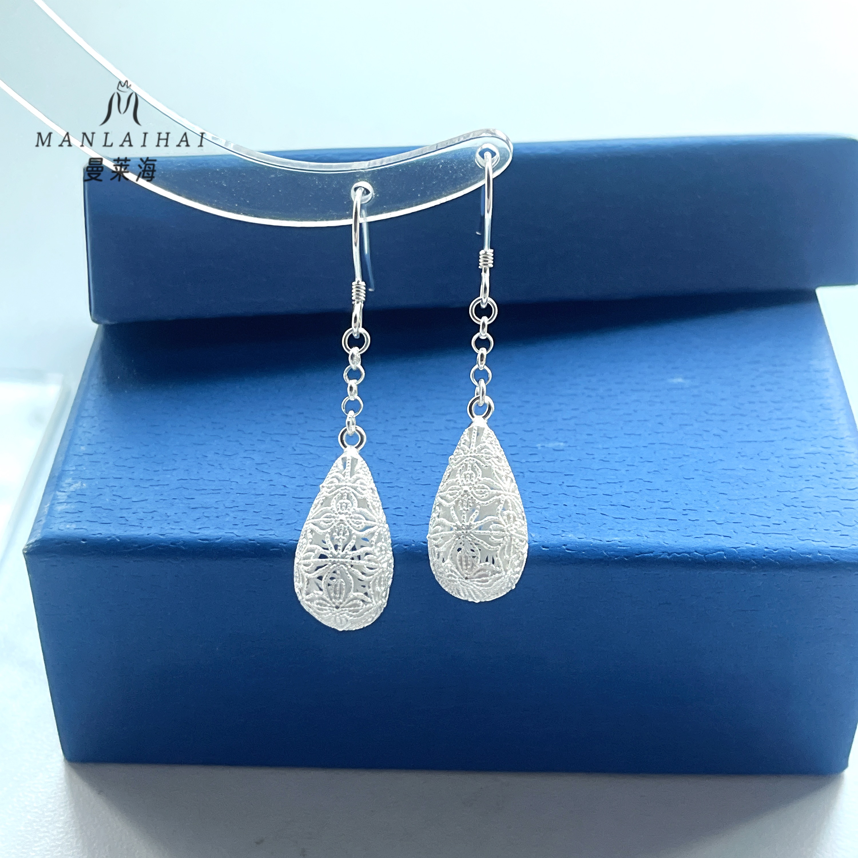 足银耳饰 花丝镂空玲珑水滴耳钩拉丝水滴纯银耳钩纯手工民族风