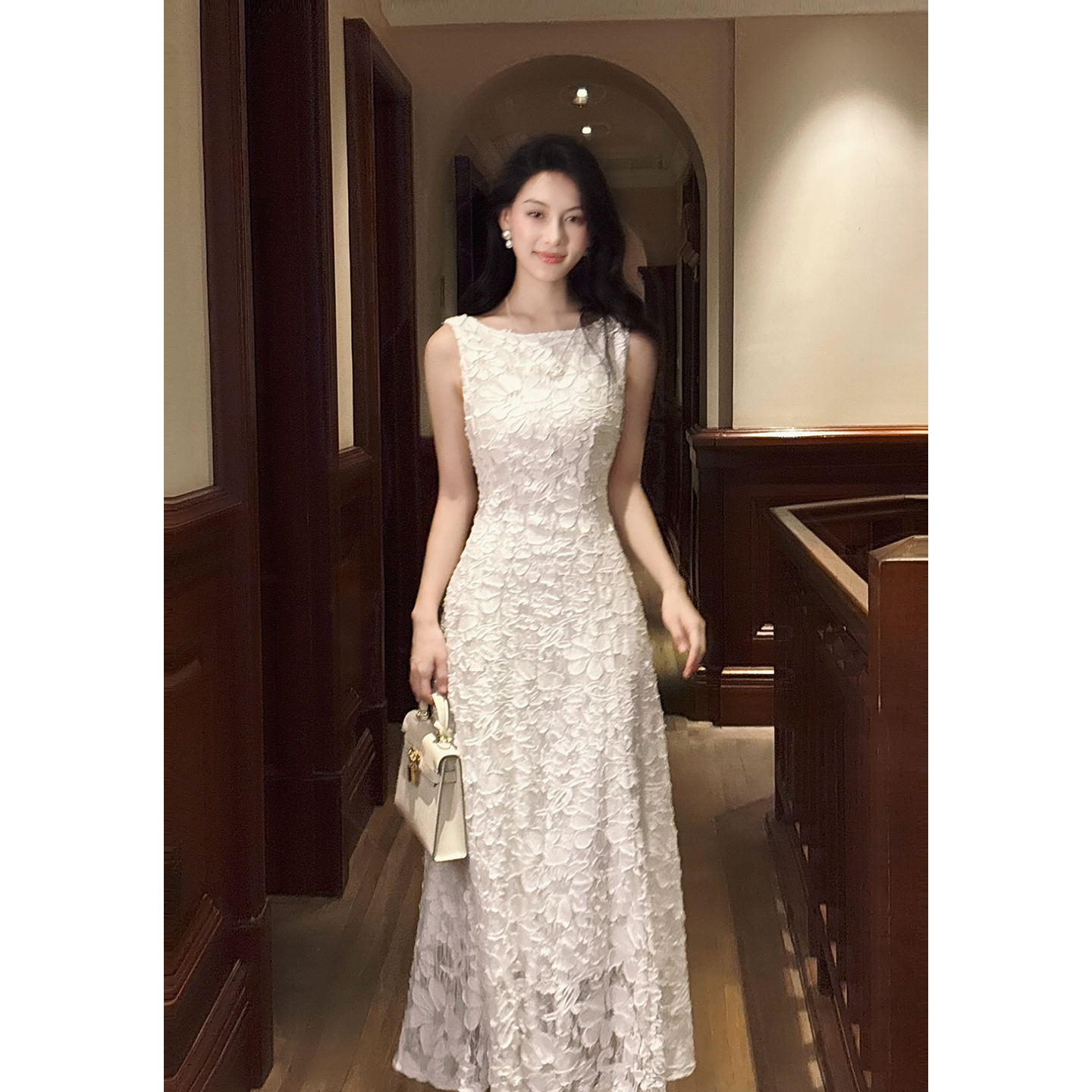 Good Job【花甜伞下】法式白色蕾丝无袖连衣裙女立体花朵薄纱裙子