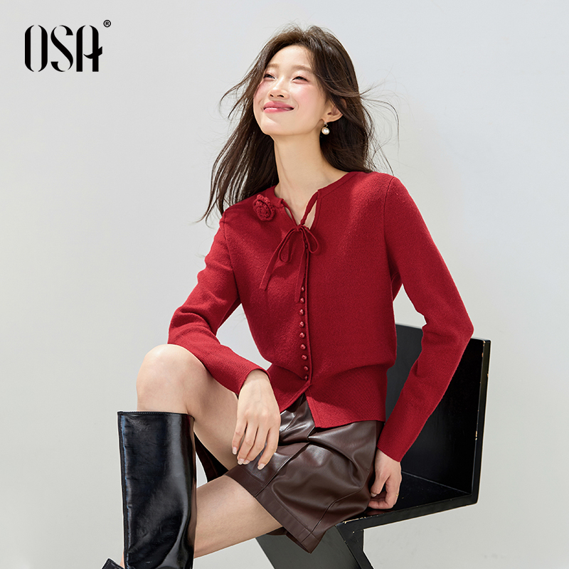 OSA/欧莎 玫瑰系带V领针织衫女氛围感简约套头毛衫上衣S125C16047