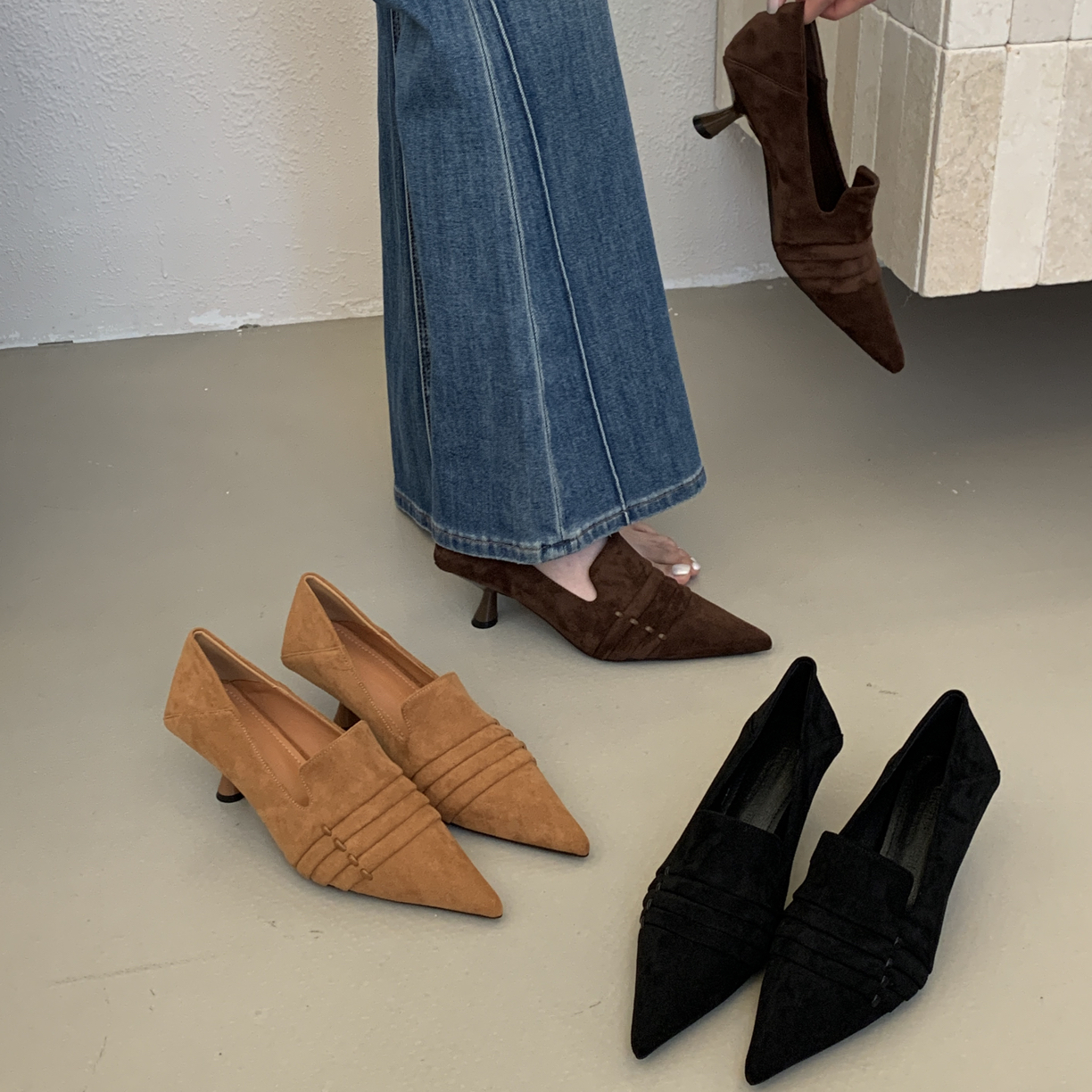 安安家 6678 韩系新款复古绒面尖头细跟浅口气质百搭女单鞋