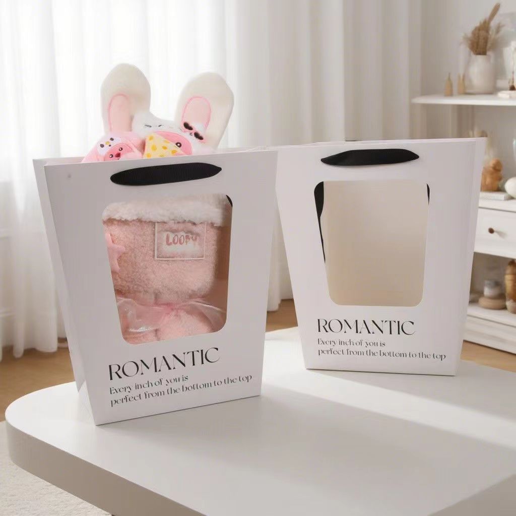 蝴蝶花束包装袋鲜花手提袋生日礼物袋梯形开窗手提袋  加长提绳带