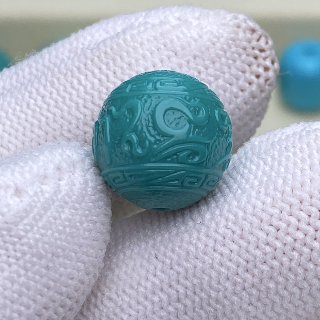 湖北十堰纯天然原矿绿松石玉化料六字圆珠高品质无暇文玩配饰13mm